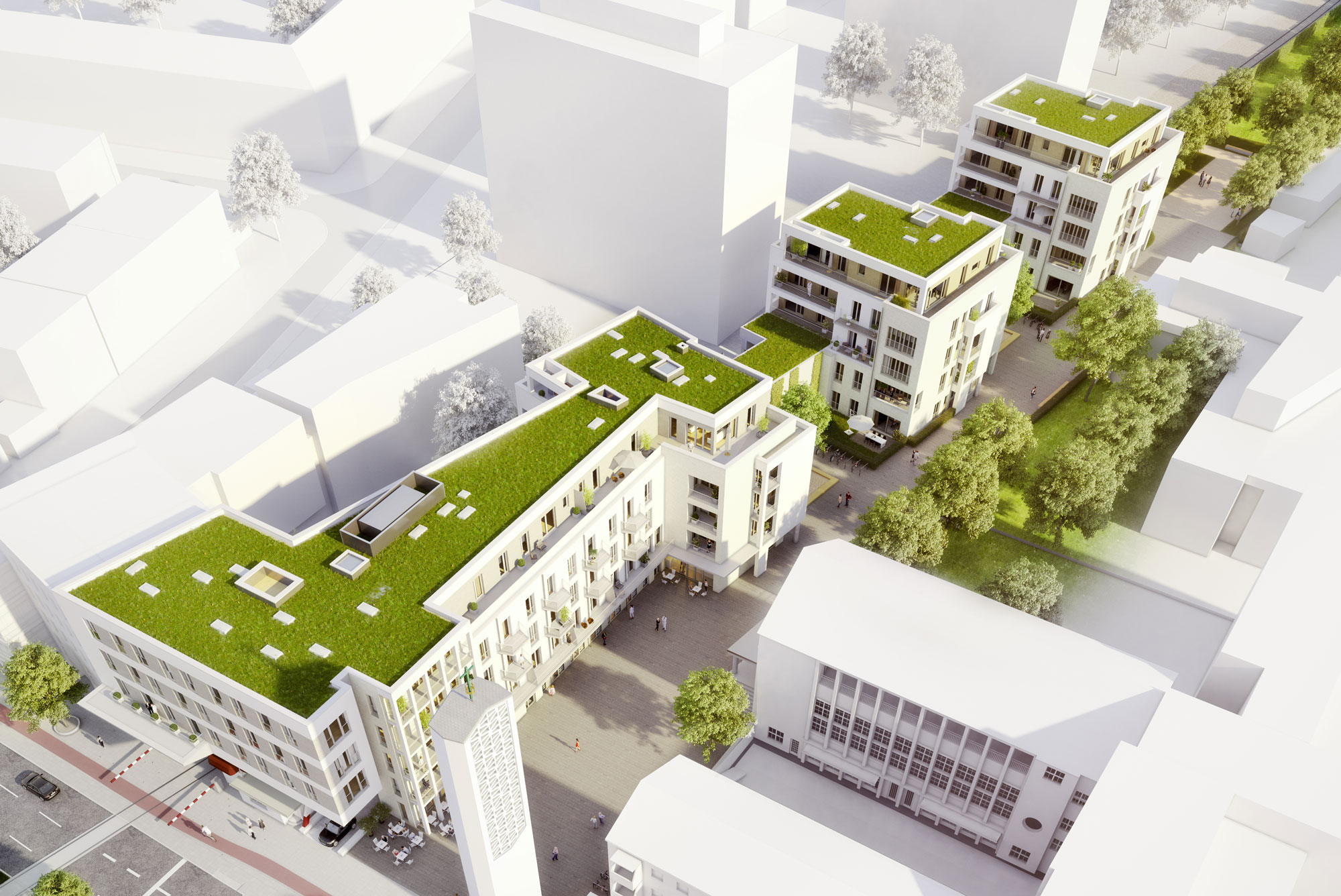 Blick von oben auf den Neubau am Clarenbachplatz / WvM Immobilien
				