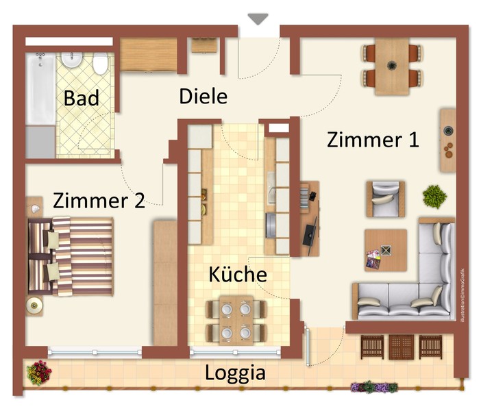 Grundriss - HD-Rohrbach: toll geschnittene 2-Zimmer-Wohnung mit Stellplatz und Loggia zur Sonnenseite!